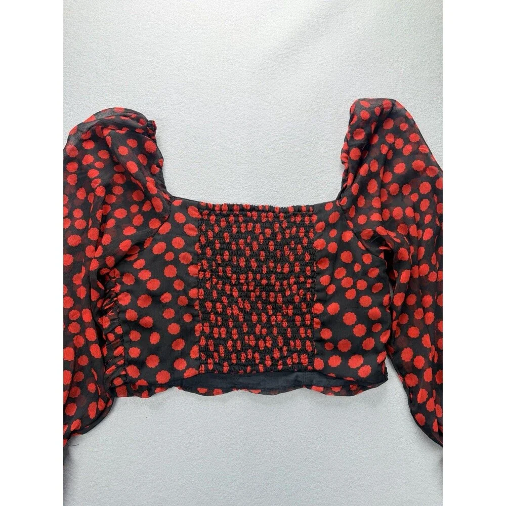 Free People Blouse Womens M Black Red Polka Dot Cropped Balloon Sleeve Top